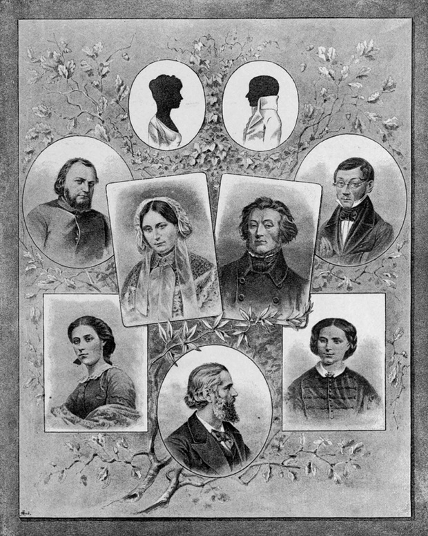 . Polski: Od gory: Barbara i Mikolaj Mickiewiczowie, Franciszek Mickiewicz, Celina z Szymanowskich i Adam Mickiewiczowie, Aleksander Mickiewicz, Maria Gorecka, Wladyslaw Mickiewicz i Helena Hryniewiecka . 19th century. Unknown 526 Rodzina Adama Mickiewicz