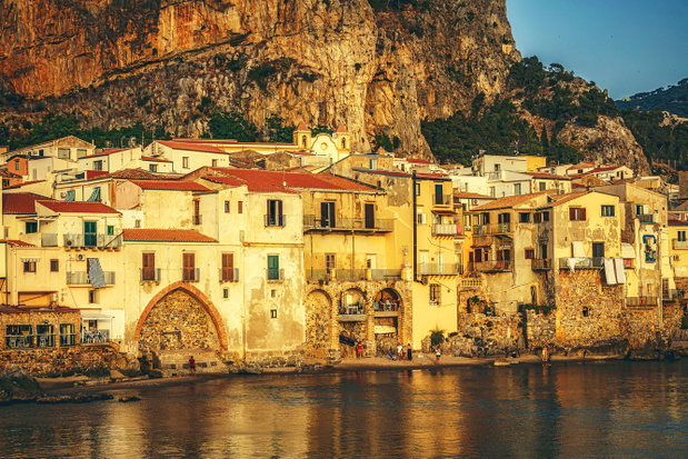 City of Cefalù on Sicily in Italy, Europe on a warm summer even