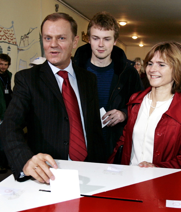 Presidential candidate Donald Tusk wife Malgorzata and son Michal cast votes at polling station in Sopot