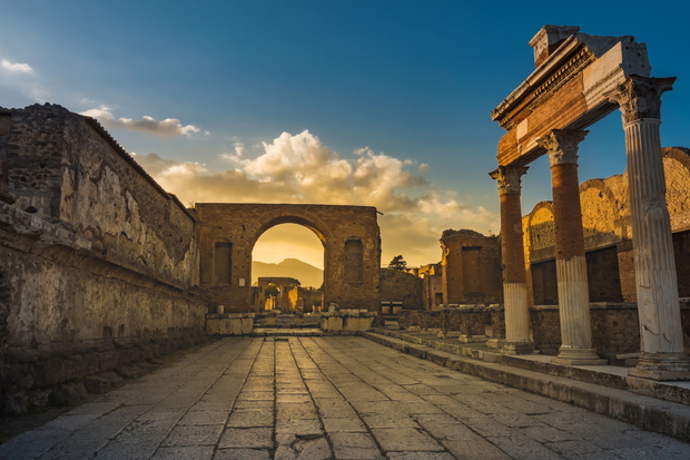 Ruins of ancient city of Pompeii, ancient roman city against Ves