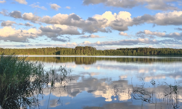 Raj na Kaszubach. Widok na jezioro Małe z naszego pomostu. Domy na wynajem.