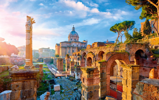 Roman Forum in Rome, Italy. Antique structures with columns and