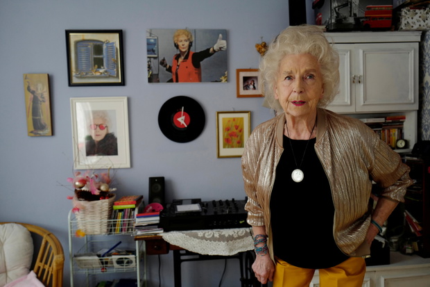 DJ Wika Szmyt, 80, speaks at her home before leaving to play music at the club in Warsaw