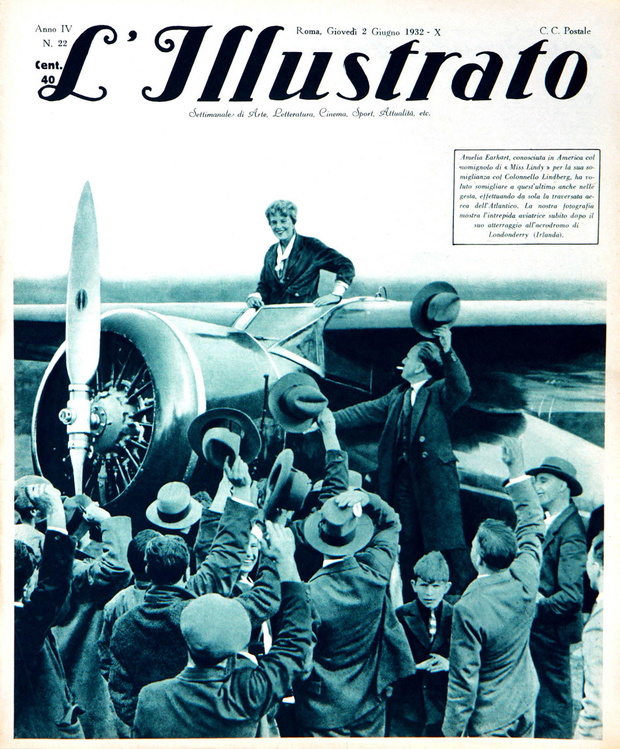 1932  , USA  :  Italian illustrated magazine L'ILLUSTRATO , 2 june 1932 , with in cover the  most celebrated woman aviator AMELIA EARHART ( 1897 - 193. Image shot 1932. Exact date unknown.