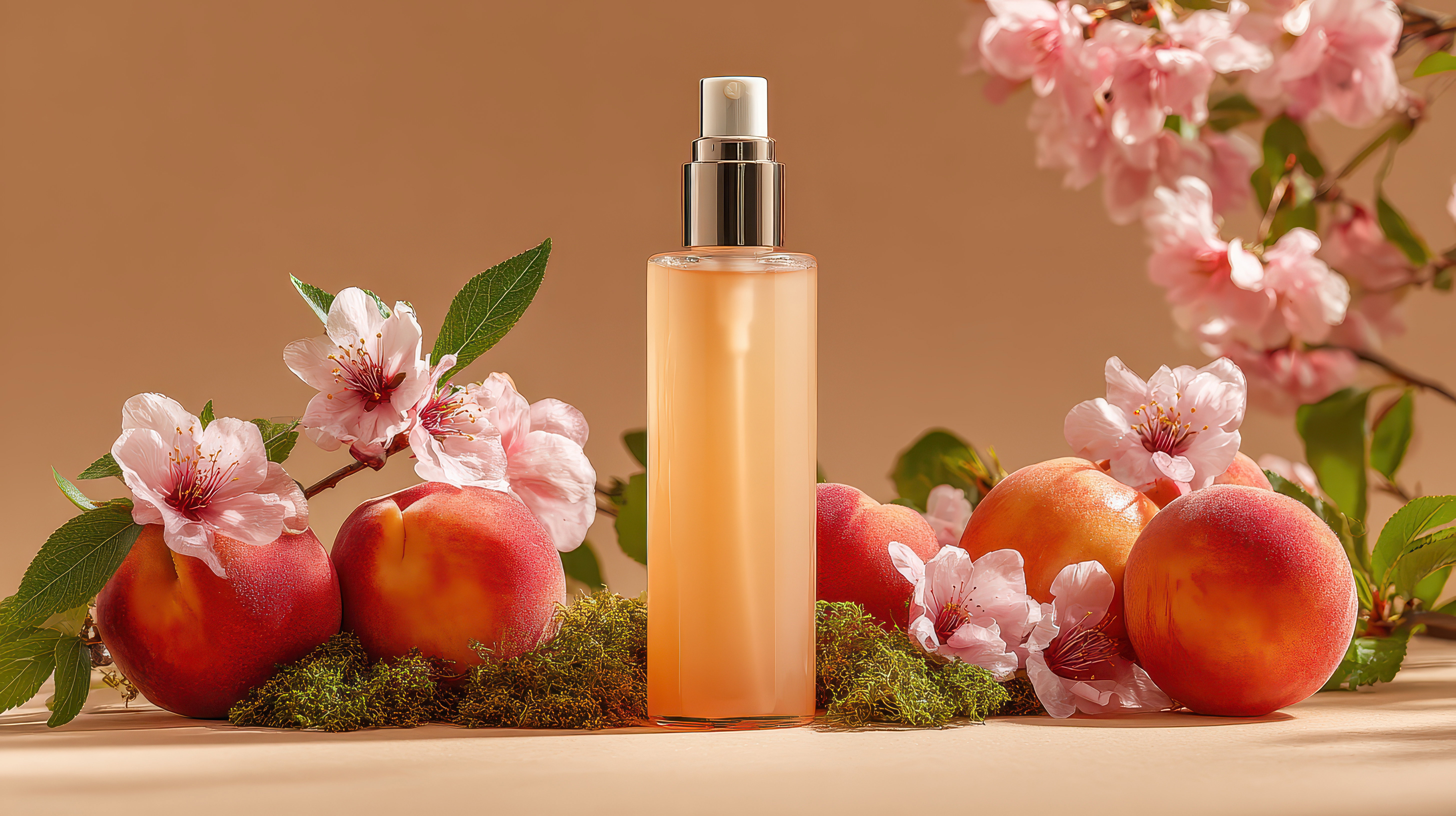 Peach Blossom Body Mist: A refreshing peach blossom body mist in elegant bottle surrounded by ripe peaches and delicate blossoms, creating a serene and summery atmosphere.