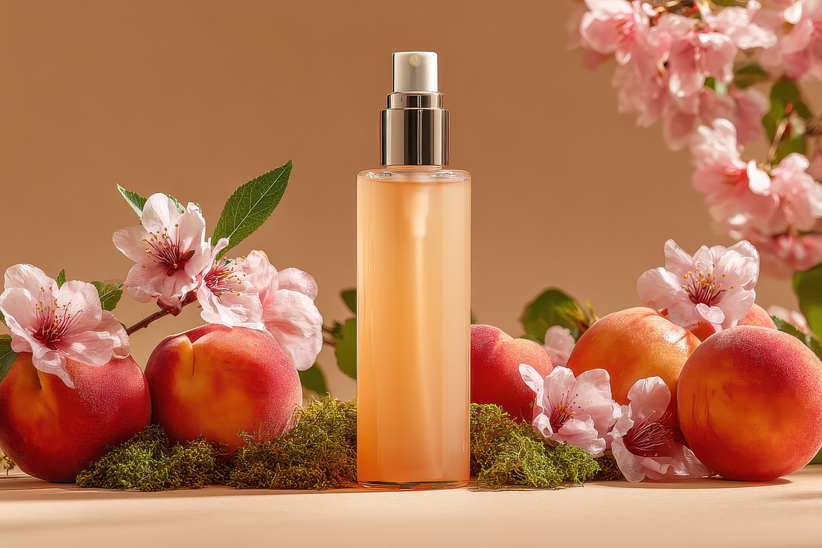 Peach Blossom Body Mist: A refreshing peach blossom body mist in elegant bottle surrounded by ripe peaches and delicate blossoms, creating a serene and summery atmosphere.