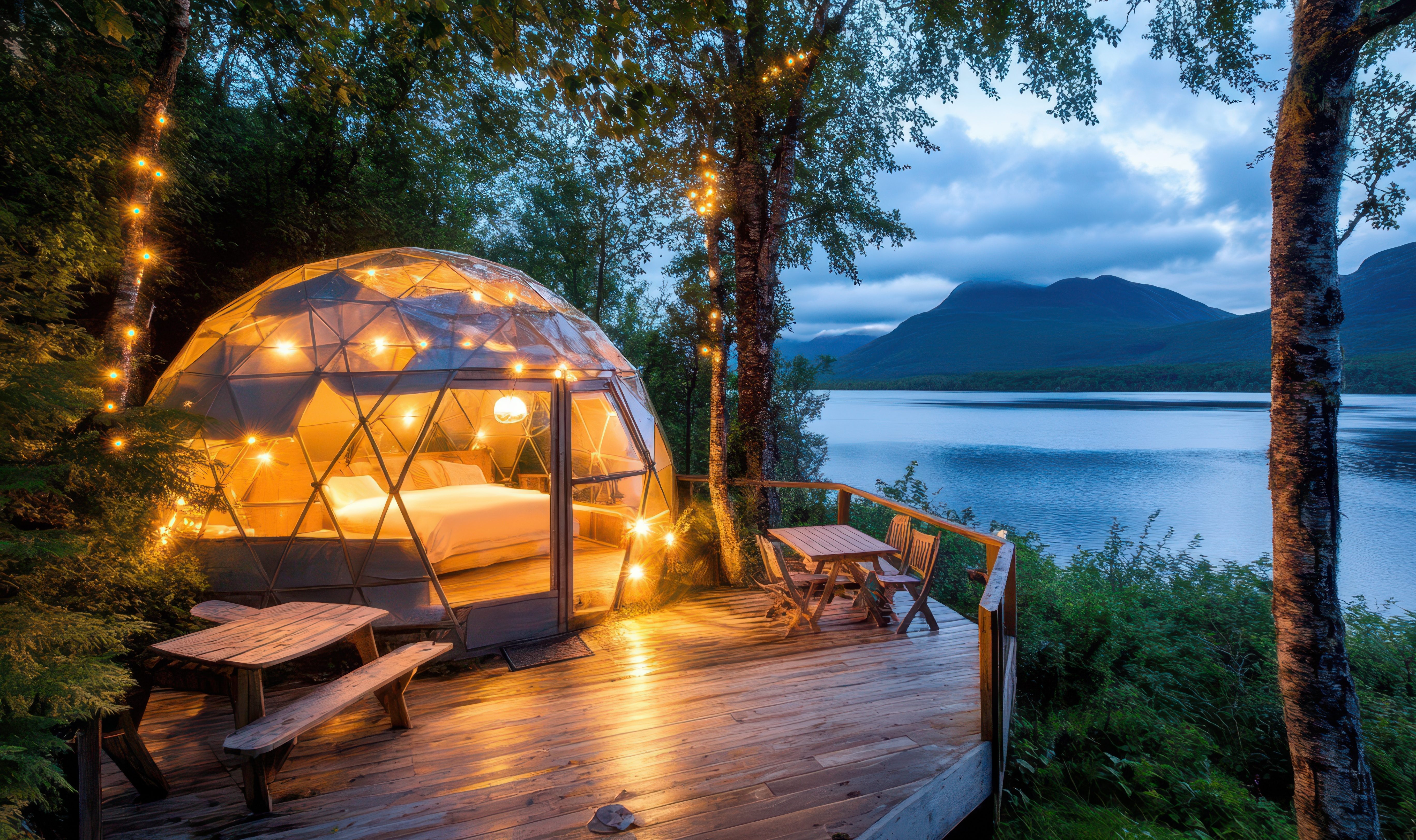 Luxurious glamping dome offers a serene escape with stunning lake and mountain views.