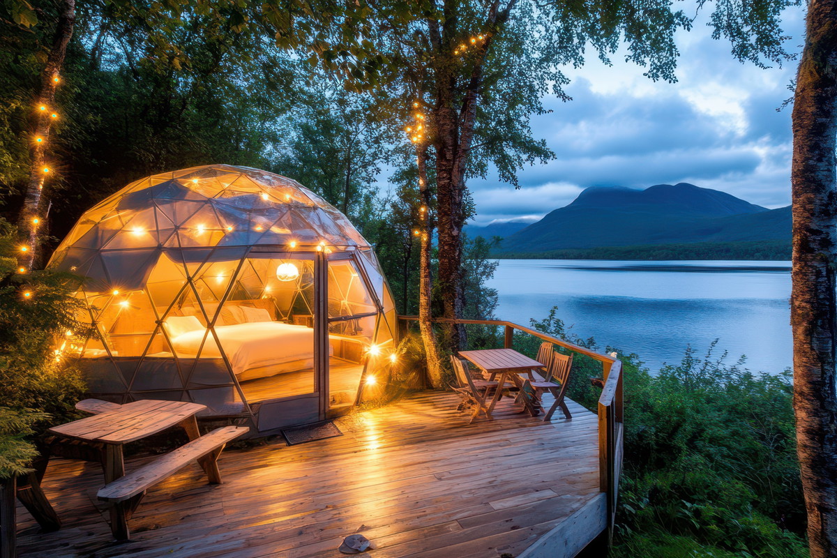 Luxurious glamping dome offers a serene escape with stunning lake and mountain views.