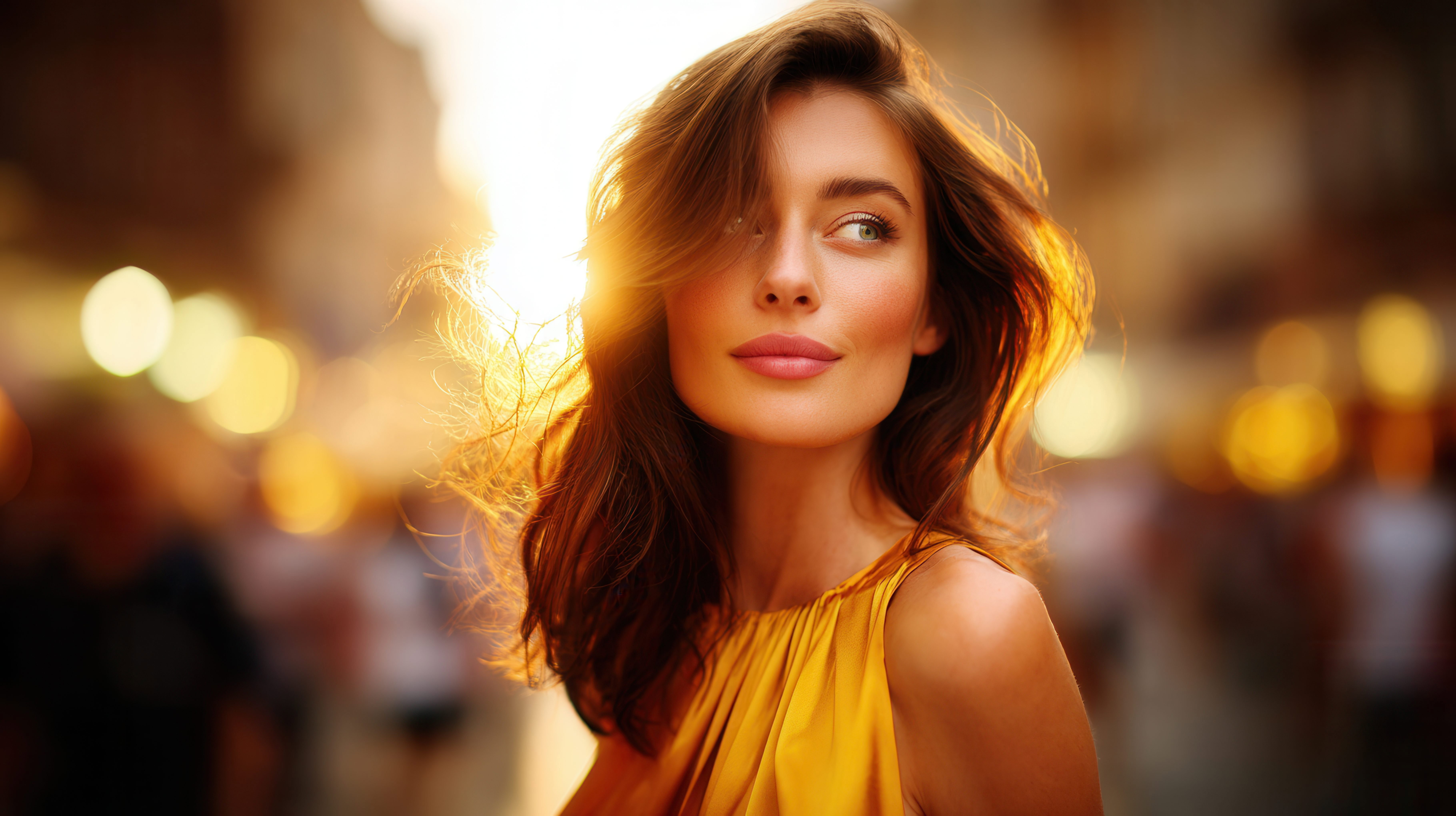 Beautiful woman with flowing hair bathed in golden hour sunlight on a city street
