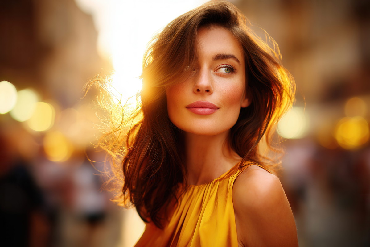 Beautiful woman with flowing hair bathed in golden hour sunlight on a city street