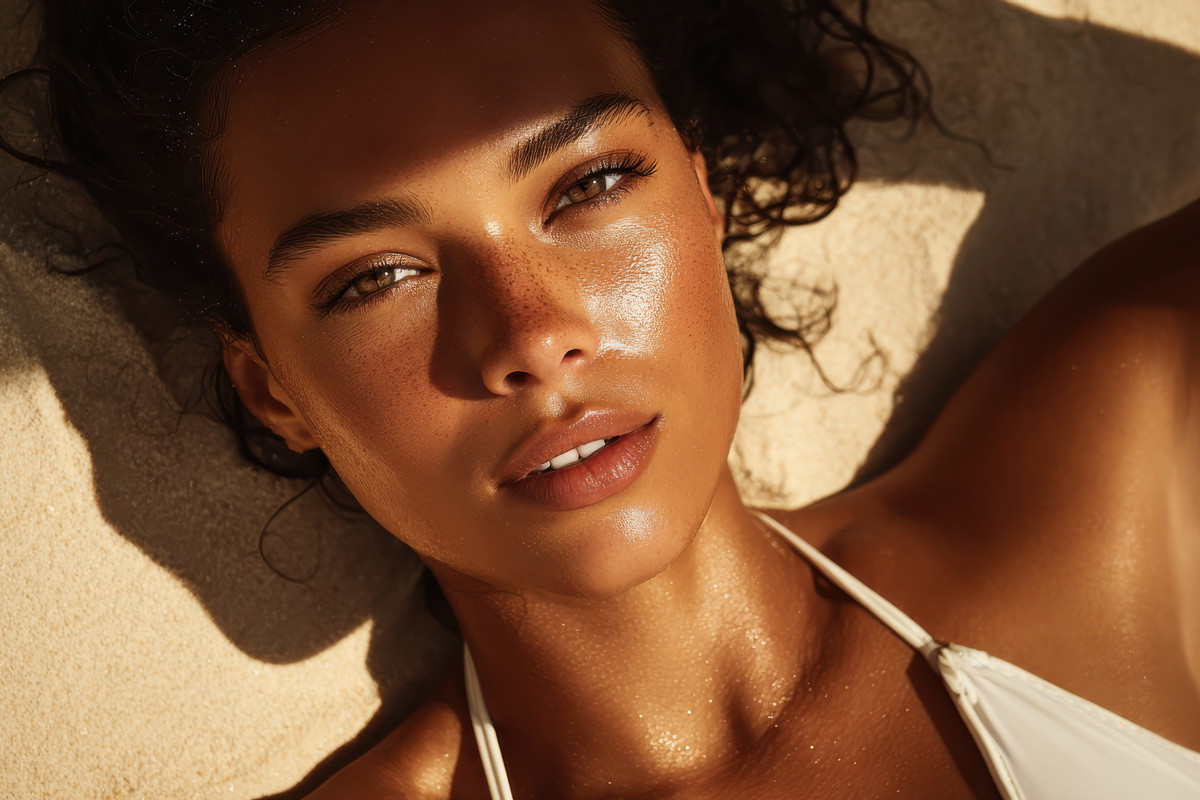 Close up fashion beauty portrait of sun kissed woman lying on tropical beach sand at golden hour during summer vacation