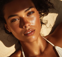 Close up fashion beauty portrait of sun kissed woman lying on tropical beach sand at golden hour during summer vacation