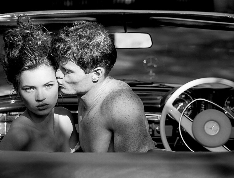 Kate Moss photographed in London on the 6th of May 1988, in David Hockney’s Mercedes Benz 280 Se Cabriolet.