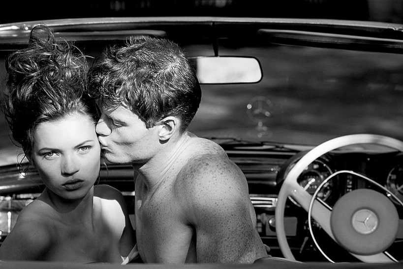Kate Moss photographed in London on the 6th of May 1988, in David Hockney’s Mercedes Benz 280 Se Cabriolet.