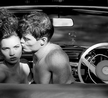 Kate Moss photographed in London on the 6th of May 1988, in David Hockney’s Mercedes Benz 280 Se Cabriolet.