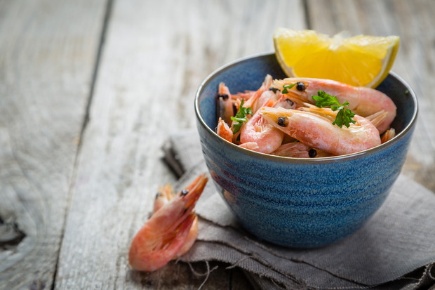 Shrimps in blue bowl