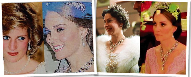 Księżna Kate, księżna Diana, Elżbieta II, biżuteria Kate, Kate w kolczykach Diany, naszyjnik Elżbiety II