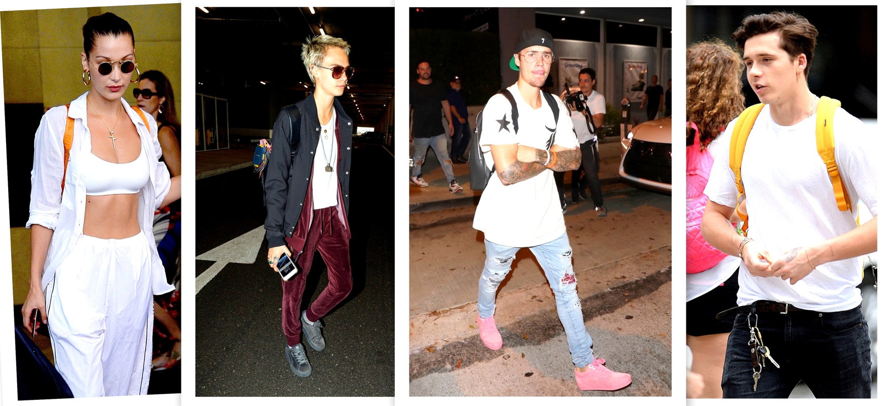 Bella Hadid, Cara Delevingne, Justin Bieber, Brooklyn Beckham, plecaki, kolaż