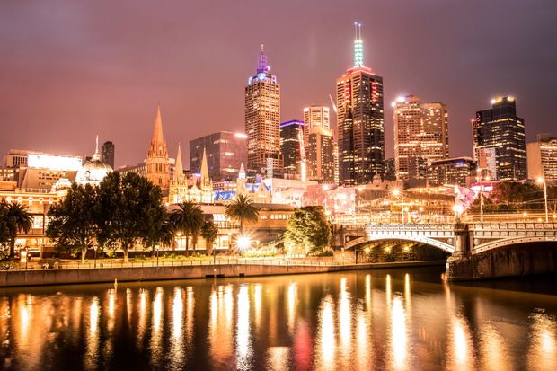 Evening long exposure of the Melbourne CBD with the Yarra river in the foreground.