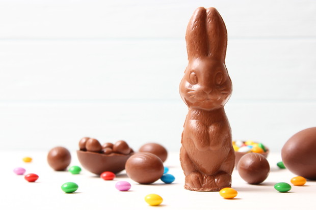 Easter composition with chocolate eggs and chocolate rabbit on