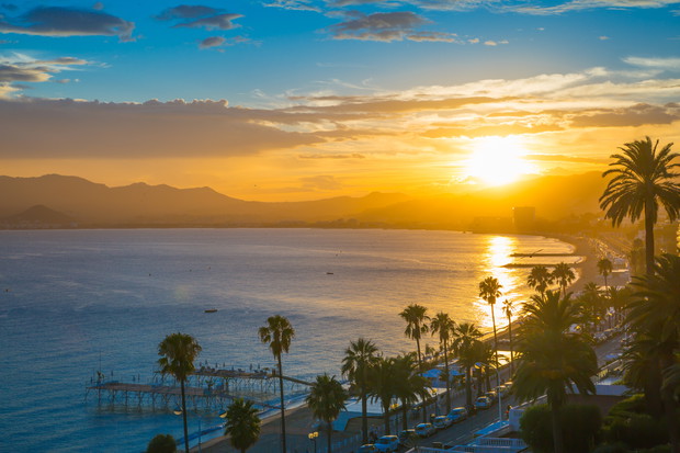 Cannes bay French riviera at sunset. France.