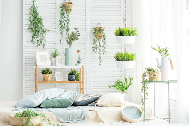 Light room with a bed and a large window. Concept interior, decoration, comfort in the house.