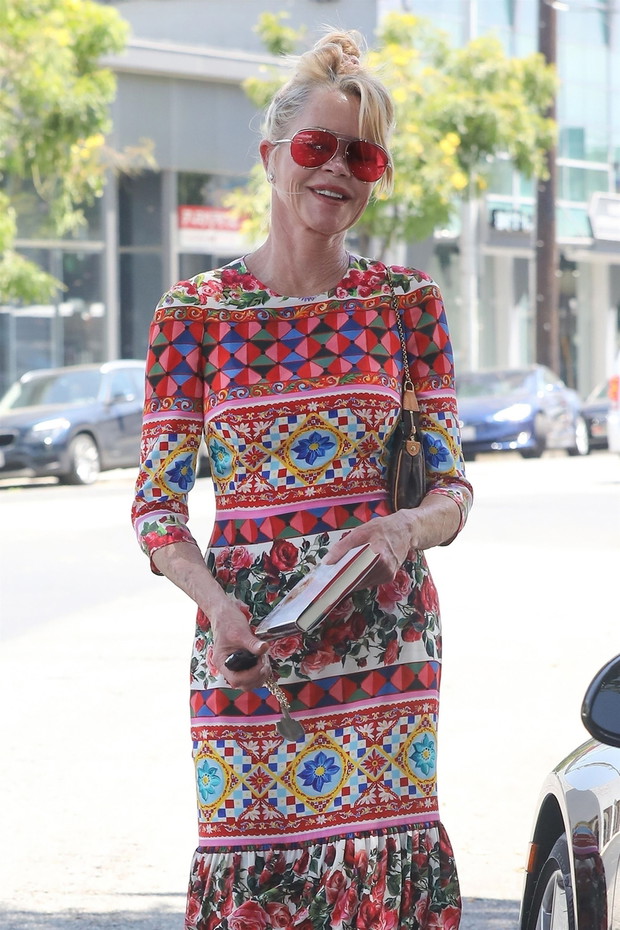 *EXCLUSIVE* Melanie Griffith looks stunning while out for lunch in a colorful patterned dress Melanie Griffith