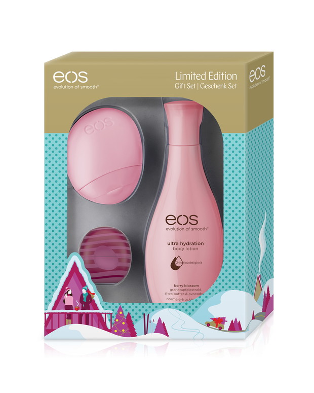 eos Holiday Visibly Soft Cranberry Pear Lip Balm & Berry BlossomLotions Set