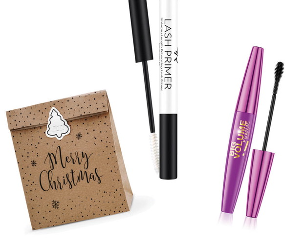 Baza pod tusz Lash Primer Golden Rose, 14,90 zł; Tusz do rzęs Big Volume FEMME Mascara Eveline Cosmetics, 16,33 zł;Torebki na prezenty Merry Christmas (1 op. / 3 szt.), 4,97 zł, Hurtowniabalonow