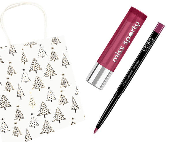 Szminka My BFF Matte Miss Sporty, 11,99 zł; Konturówka do ust Long Lasting Lip Liner Kobo, 13,49 zł; Torba prezentowa Rossmann, 6,99 zł