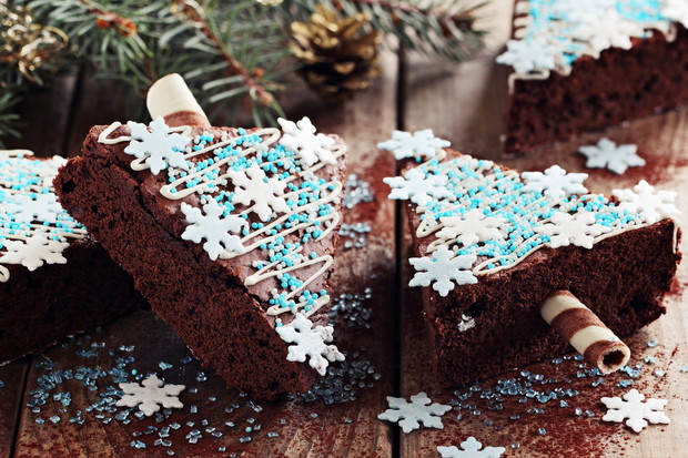 Brownie Christmas tree. Festive dessert with trend color decoration.Overhead view