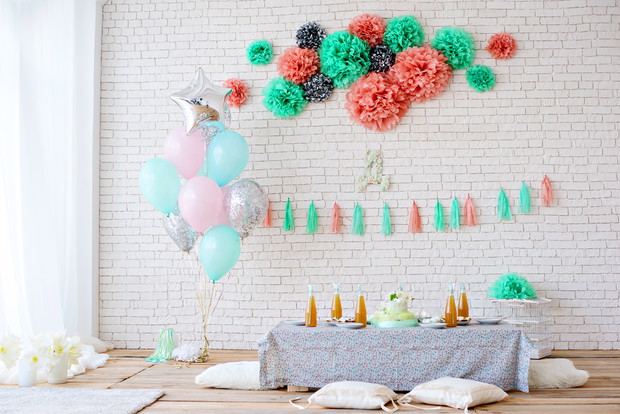 Loft with a covered table for celebrating children's birthday