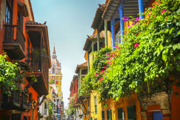 Flowers on the porch in old town Cartagena
