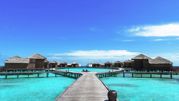Maldives resort bridge. Water Bungalow, Water Villa