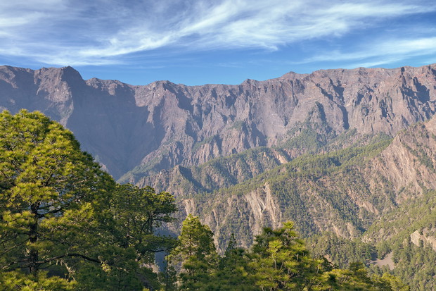 Caldera de Taburiente National park, view over pine trees to surrounding mountains in warm evening light, Isle of La Palma, Canary Islands, Spain, Europe