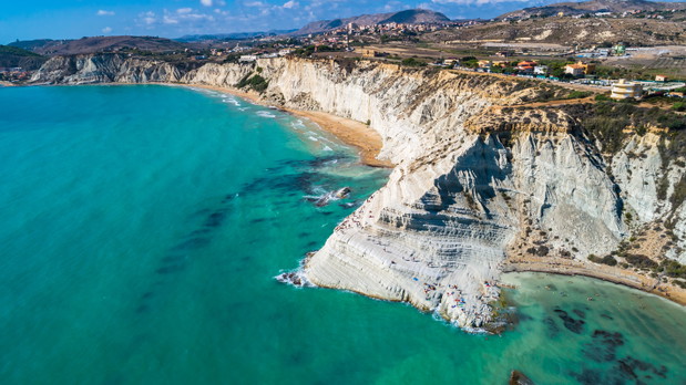 Aerial. Scala dei Turchi. A rocky cliff on the coast of Realmonte, near Porto Empedocle, southern Sicily, Italy.