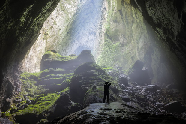 Mystery misty cave entrance in Son Doong Cave, the largest cave in the world in UNESCO World Heritage Site Phong Nha-Ke Bang National Park, Quang Binh province, Vietnam