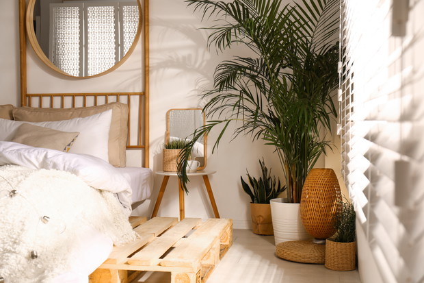 Stylish modern room interior with comfortable bed