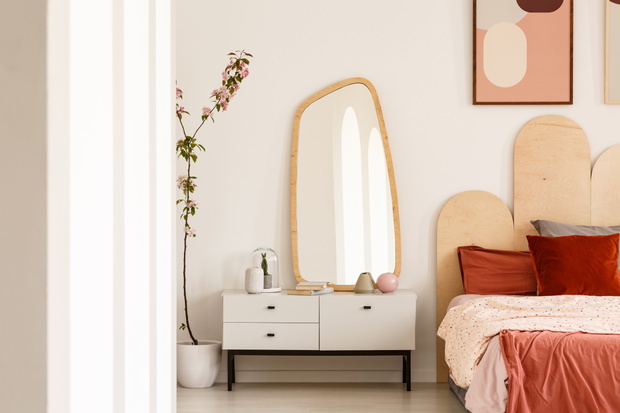 Plant next to white dressing table with mirror in red bedroom interior with poster above bed. Real photo