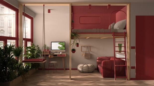 Minimalist studio apartment with loft bunk double bed, mezzanine