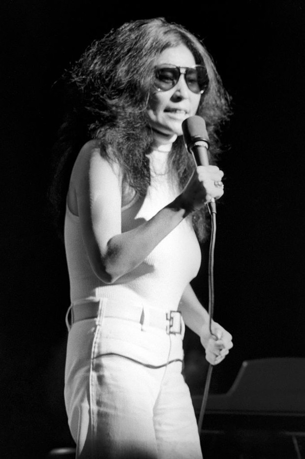Yoko Ono singing in a charity concert in New York with her husband John Lennon.