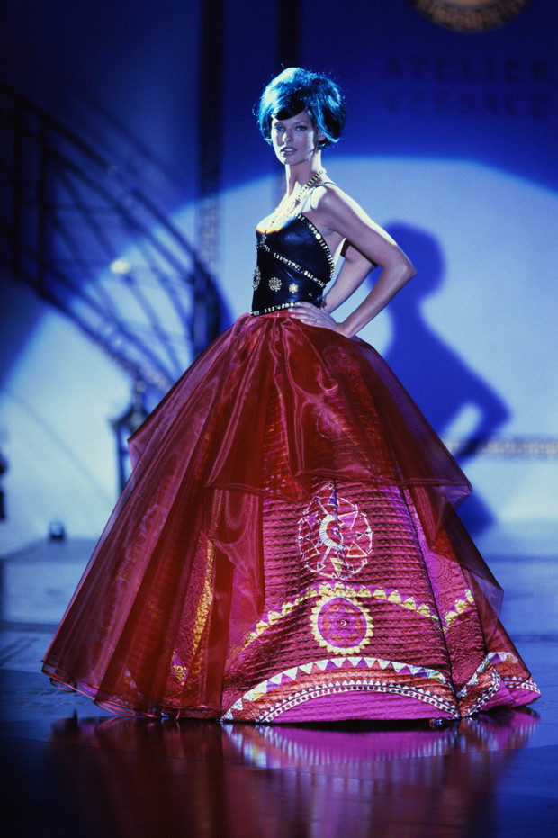 Linda Evangelista Modeling Versace Evening Gown