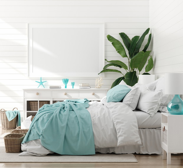 Mock up frame in bedroom interior, marine room with sea decor an