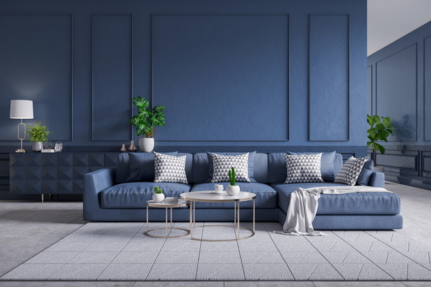 Modern interior of living room,blue sofa with cofee table on ca