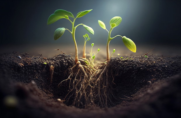 a young plant with roots sprouts in the ground,green vegetable sprouts grow in the soil, Generative AI