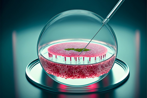 Artificial meat in glass sphere. Lab grown meat. AI generative c