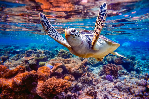 Sea turtle swims under water on the background of coral reefs