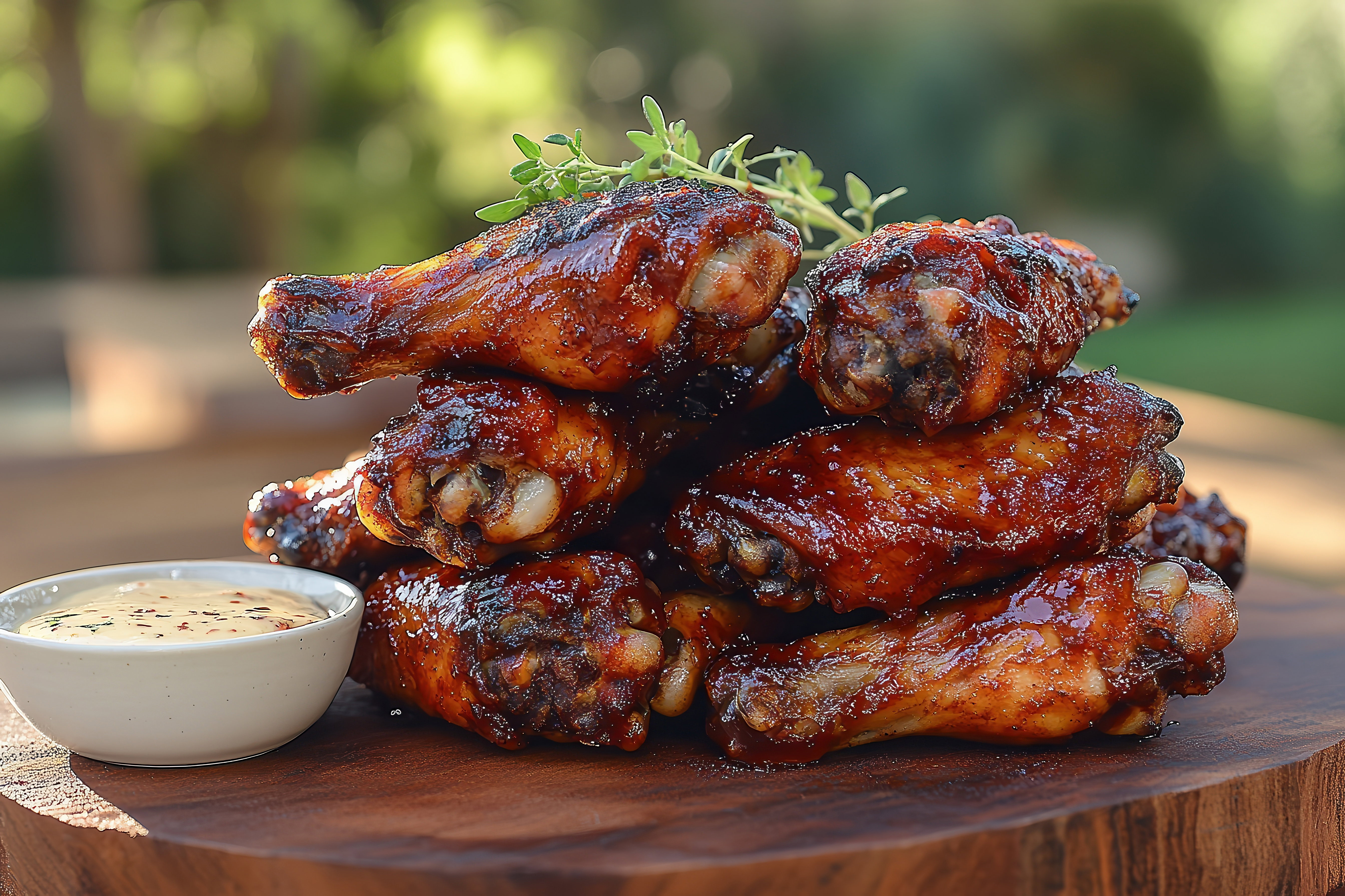 Smoky barbecue chicken wings stacked on rustic wooden platter with side of dipping sauces, creating a rich and flavorful dining experience.