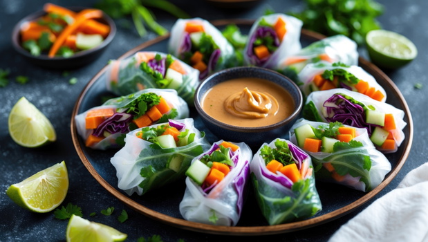 Vegetarian spring rolls served with peanut butter sauce, featuring carrot, cucumber, red cabbage, and rice noodles. Vegan cuisine.