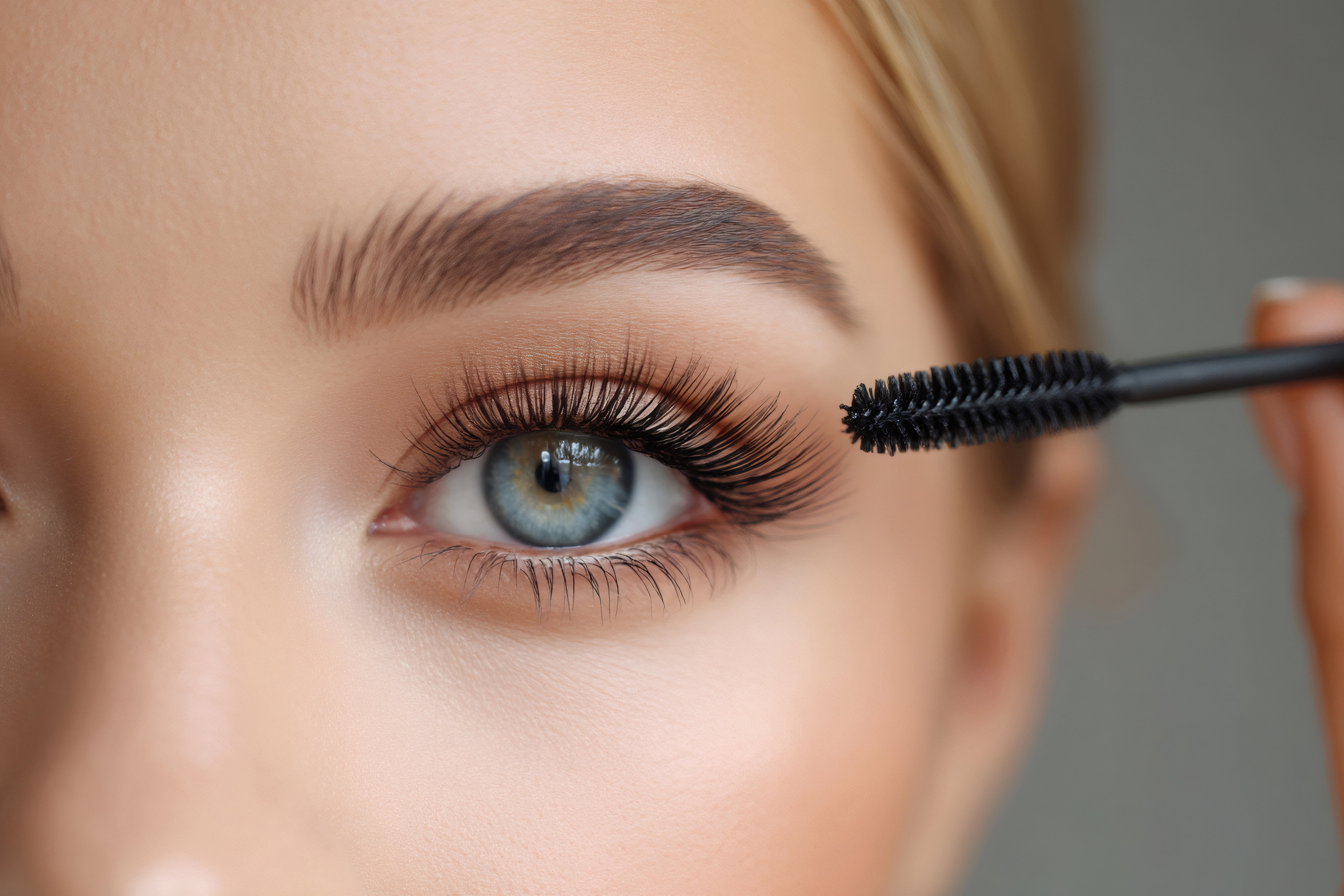 Woman applying mascara on long eyelashes with brush, makeup and beauty treatment
